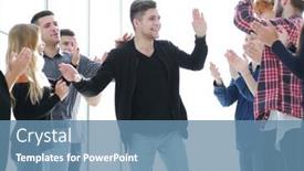  Presentation with employees - Slide set consisting of group-of-happy-employees-congratulating background and a teal colored foreground