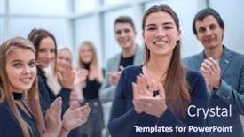  Presentation with employees - Cool new slides with group-of-happy-employees-standing backdrop and a ocean colored foreground