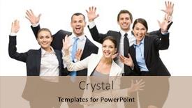  Presentation with teamwork cooperation - Amazing slide deck having group-of-happy-executives backdrop and a coral colored foreground