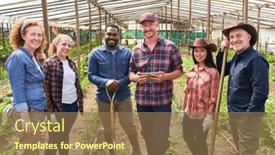  Presentation with farming - PPT theme featuring group-of-happy-farmers background and a coral colored foreground