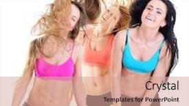  Presentation with teen girls - Presentation theme having group of happy fitness teen girls have fun dancing and jumping over white background background and a coral colored foreground