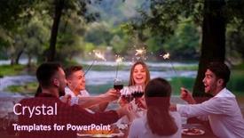  Presentation with outdoor party - Colorful presentation design enhanced with group of happy friends celebrating holiday vacation using sprinklers and drinking red wine while having picnic french dinner party outdoor near the river on beautiful summer evening in nature backdrop and a tawny brown colored foreground