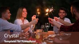  Presentation with outdoor party - Colorful slide set enhanced with group of happy friends celebrating holiday vacation using sprinklers and drinking red wine while having picnic french dinner party outdoor near the river on beautiful summer evening in nature backdrop and a tawny brown colored foreground