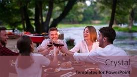  Presentation with outdoor party - Amazing PPT layouts having group of happy friends celebrating holiday vacation using sprinklers and drinking red wine while having picnic french dinner party outdoor near the river on beautiful summer evening in nature backdrop and a violet colored foreground