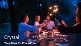  Presentation with outdoor party - Beautiful slide set featuring group of happy friends celebrating holiday vacation using sprinklers and drinking red wine while having picnic french dinner party outdoor near the river on beautiful summer evening in nature backdrop and a navy blue colored foreground