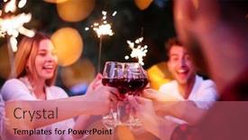  Presentation with outdoor party - PPT theme having group of happy friends celebrating holiday vacation using sprinklers and drinking red wine while having picnic french dinner party outdoor near the river on beautiful summer evening in nature background and a coral colored foreground