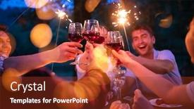  Presentation with outdoor party - Amazing presentation design having group of happy friends celebrating holiday vacation using sprinklers and drinking red wine while having picnic french dinner party outdoor near the river on beautiful summer evening in nature backdrop and a tawny brown colored foreground