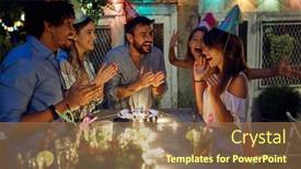  Presentation with party time - Audience pleasing theme consisting of group-of-happy-friends-congratulate backdrop and a coral colored foreground