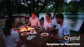  Presentation with outdoor party - Colorful slide deck enhanced with group-of-happy-friends-having backdrop and a wine colored foreground