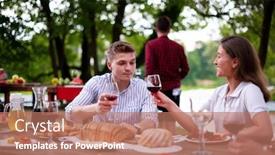  Presentation with outdoor party - Presentation design consisting of group of happy friends having picnic french dinner party outdoor during summer holiday vacation near the river at beautiful nature background and a coral colored foreground