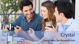  Presentation with outdoor patio - Colorful presentation design enhanced with group of happy friends having backdrop and a light blue colored foreground