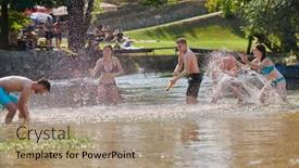  Presentation with fun - Beautiful slides featuring group-of-happy-friends-having backdrop and a coral colored foreground
