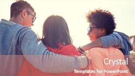  Presentation with travel friends - Cool new PPT theme with group of happy friends hugging backdrop and a coral colored foreground
