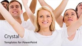  Presentation with group of happy couples - PPT theme featuring group of happy friends looking background and a  colored foreground