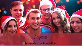  Presentation with christmas party - Colorful presentation design enhanced with group of happy friends posing in santa's hats at a christmas party backdrop and a red colored foreground