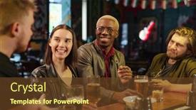  Presentation with pub - Beautiful PPT theme featuring group-of-happy-friends-sitting backdrop and a tawny brown colored foreground
