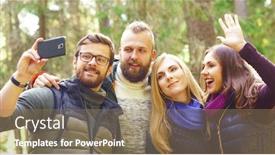  Presentation with tourism selfie - Beautiful slides featuring group of happy friends stopped in forest to take a selfie on a smartphone camp tourism hiking concept backdrop and a coral colored foreground