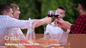  Presentation with outdoor party - Amazing presentation having group of happy friends toasting red wine glass while having picnic french dinner party outdoor during summer holiday vacation near the river at beautiful nature backdrop and a coral colored foreground