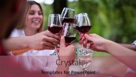  Presentation with outdoor party - Slide set enhanced with group of happy friends toasting red wine glass while having picnic french dinner party outdoor during summer holiday vacation near the river at beautiful nature background and a violet colored foreground