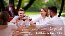  Presentation with outdoor party - Beautiful presentation theme featuring group of happy friends toasting red wine glass while having picnic french dinner party outdoor during summer holiday vacation near the river at beautiful nature backdrop and a red colored foreground
