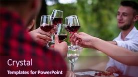  Presentation with outdoor party - Slide set consisting of group of happy friends toasting red wine glass while having picnic french dinner party outdoor during summer holiday vacation near the river at beautiful nature background and a wine colored foreground