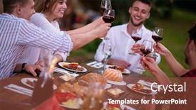  Presentation with outdoor party - Beautiful slide deck featuring group of happy friends toasting red wine glass while having picnic french dinner party outdoor during summer holiday vacation near the river at beautiful nature backdrop and a red colored foreground