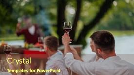  Presentation with outdoor party - Presentation design with group-of-happy-friends-toasting background and a tawny brown colored foreground