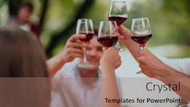  Presentation with outdoor party - Presentation theme featuring group-of-happy-friends-toasting background and a coral colored foreground