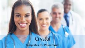  Presentation with healthcare workers - Cool new presentation theme with group of happy healthcare workers backdrop and a light blue colored foreground