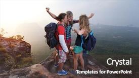  Presentation with mountain top - Amazing theme having group of happy hikers standing on top of a mountain backdrop and a tawny brown colored foreground