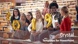  Presentation with happy holiday - Theme having group of happy international students background and a  colored foreground