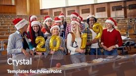  Presentation with happy holiday - Amazing slide deck having group of happy international students backdrop and a  colored foreground