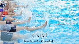  Presentation with swim - Presentation theme consisting of group of happy kids children at swimming pool class learning to swim background and a light blue colored foreground