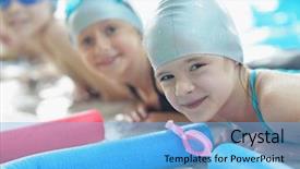  Presentation with swim - Theme consisting of group of happy kids children at swimming pool class learning to swim background and a light blue colored foreground