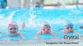  Presentation with swim - Audience pleasing slides consisting of group of happy kids children at swimming pool class learning to swim backdrop and a light blue colored foreground