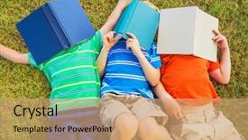  Presentation with kids reading books - Presentation design with group of happy kids reading background and a coral colored foreground