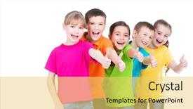  Presentation with happy korean kids - Cool new slide deck with group of happy kids backdrop and a yellow colored foreground