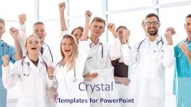  Presentation with professionals - Audience pleasing presentation theme consisting of group-of-happy-medical-professionals backdrop and a sky blue colored foreground