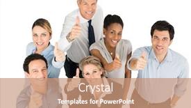  Presentation with multi ethnic group - Beautiful slides featuring group of happy multi ethnic businesspeople showing thumb up backdrop and a coral colored foreground
