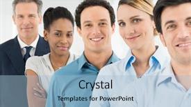  Presentation with ethnic group - Presentation theme with group of happy multi ethnic businesspeople looking at camera background and a light blue colored foreground