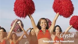  Presentation with group of happy couples - Amazing presentation theme having group of happy multiethnic cheerleaders backdrop and a coral colored foreground