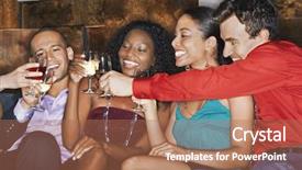 Presentation with toasting - Beautiful presentation theme featuring group of happy multiethnic friends backdrop and a  colored foreground