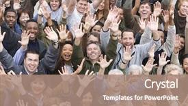  Presentation with group of students raising hands - Slide deck with group of happy multiethnic people background and a coral colored foreground