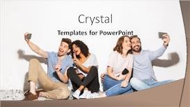  Presentation with confetti - Beautiful PPT theme featuring group of happy multiracial people sitting on a floor with confetti and taking selfies isolated over white background backdrop and a white colored foreground