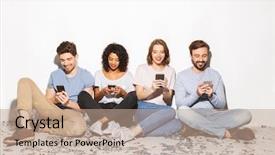  Presentation with group - Beautiful slide set featuring group of happy multiracial people backdrop and a coral colored foreground
