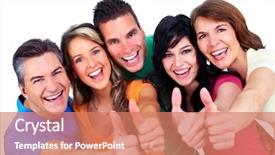  Presentation with big group people - Audience pleasing presentation theme consisting of group of happy people isolated backdrop and a coral colored foreground