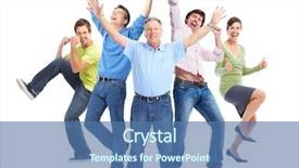  Presentation with group - Presentation theme featuring group of happy people jumping background and a ocean colored foreground