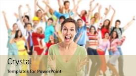  Presentation with group of happy couples - Beautiful presentation design featuring group of happy people jumping backdrop and a yellow colored foreground