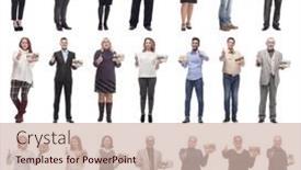  Presentation with gifts - Presentation theme having group-of-happy-people background and a soft green colored foreground