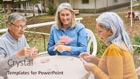  Presentation with home garden - PPT theme enhanced with group-of-happy-senior-friends background and a  colored foreground